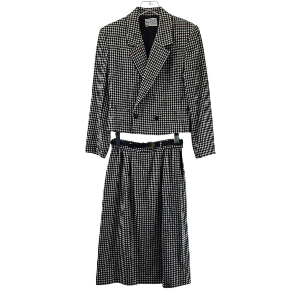 Vintage Miss Pendleton Virgin Wool Skirt Suit 2PC Women 10 Small Black White Red